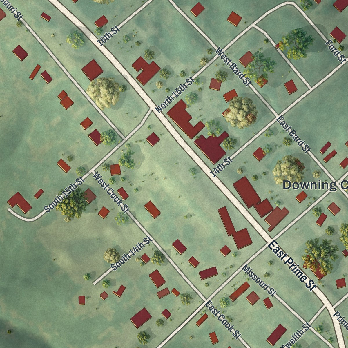 Close-up of the map of Downing, Missouri print showing street and building detail