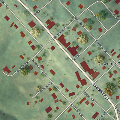 Close-up of the map of Downing, Missouri print showing street and building detail
