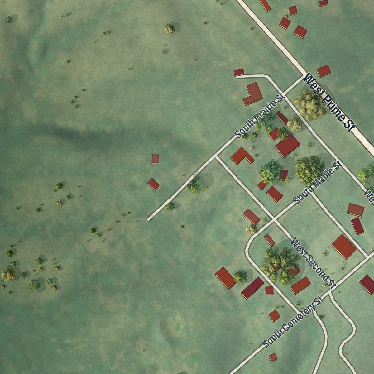 Second close-up of the map of Downing, Missouri print showing more streets and buildings