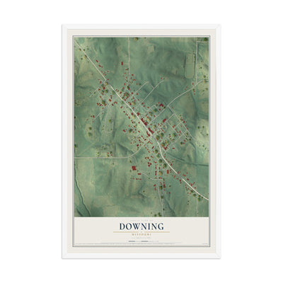 Map of Downing, Missouri, 12 x 18 inch print in a white wood frame