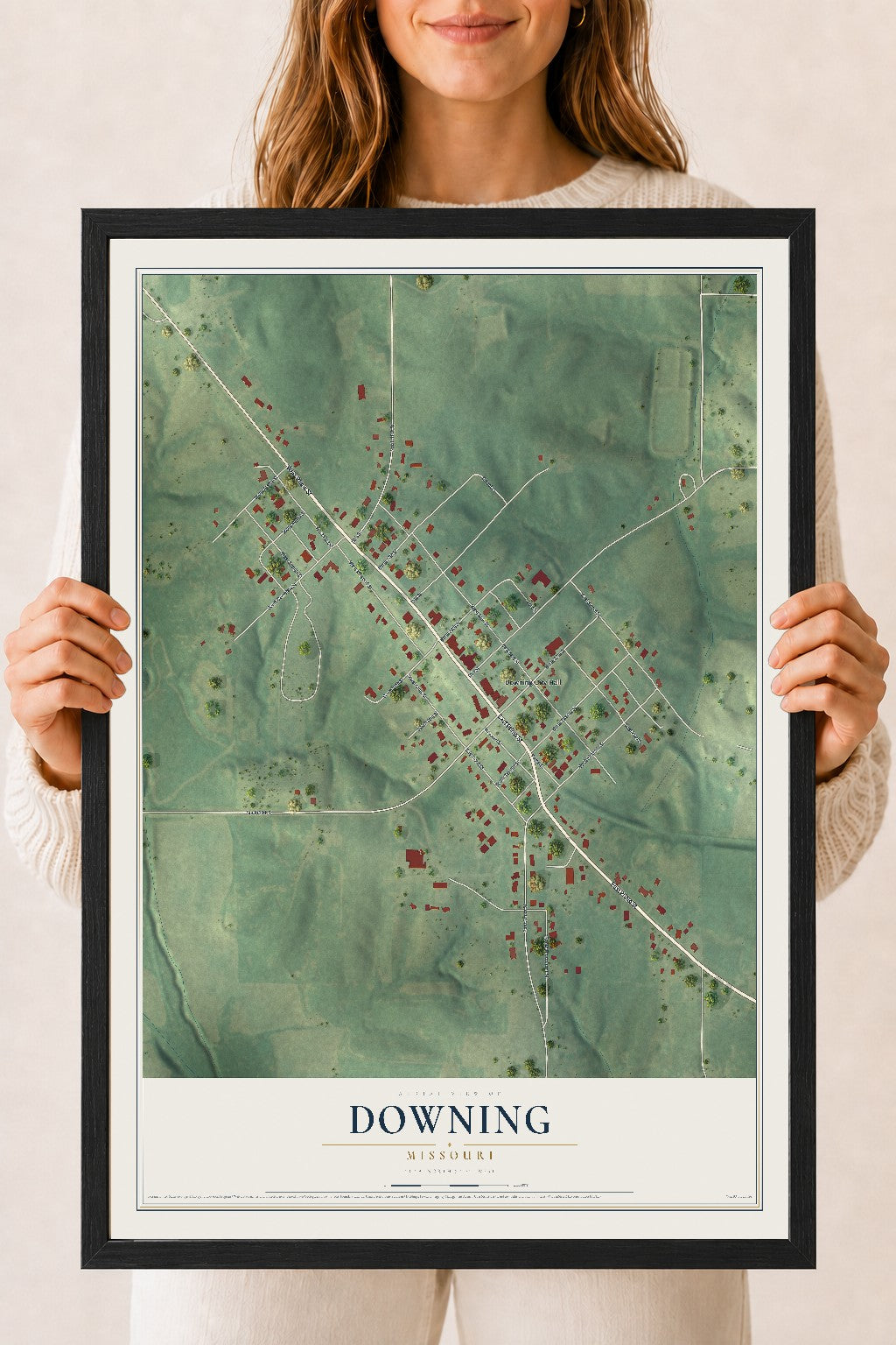 Map of Downing, Missouri, 18 x 24 inch print in a black wood frame
