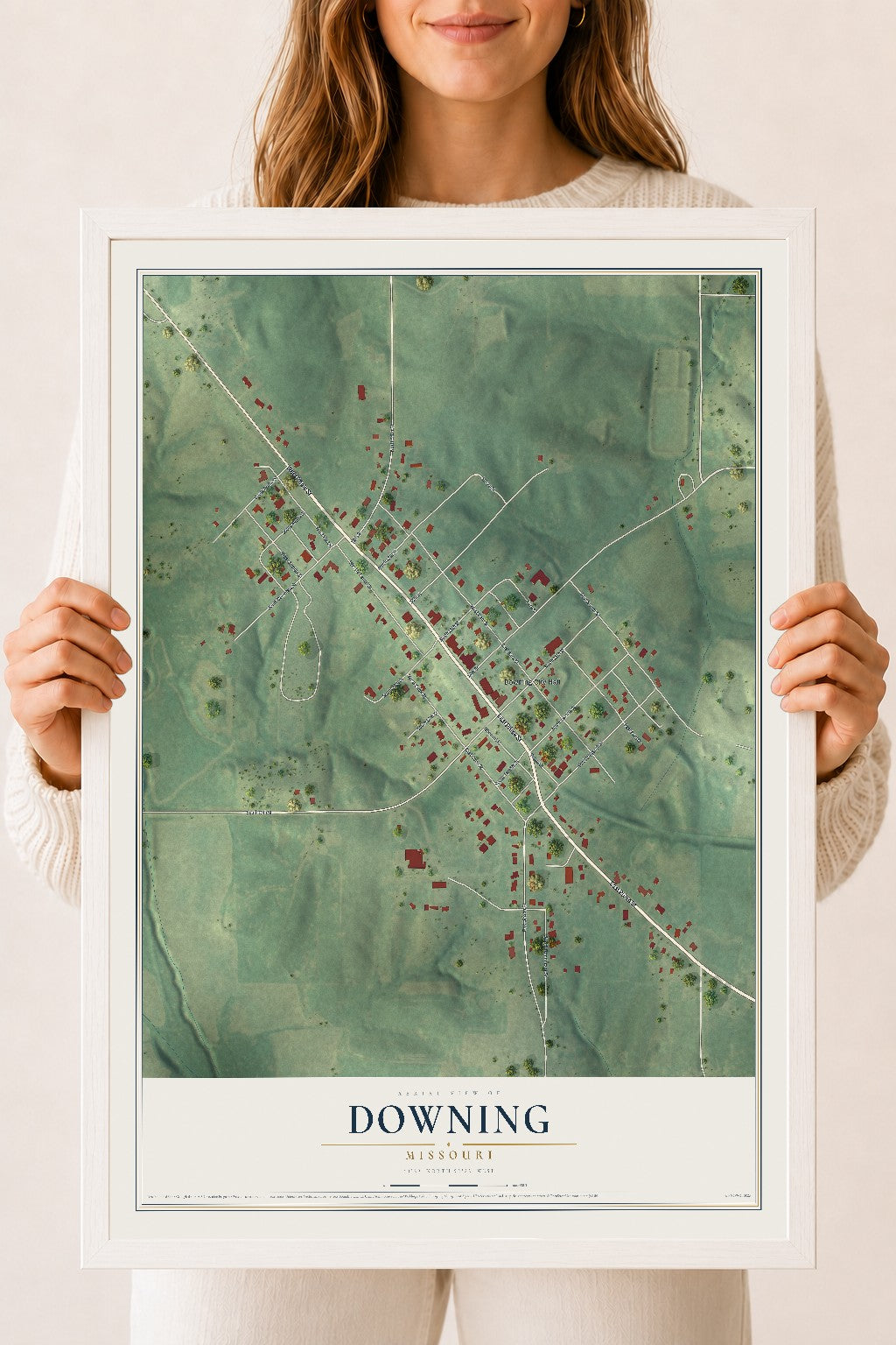 Map of Downing, Missouri, 18 x 24 inch print in a white wood frame