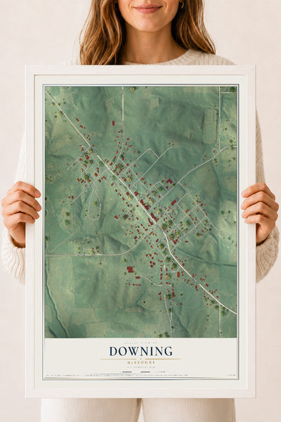 Map of Downing, Missouri, 18 x 24 inch print in a white wood frame
