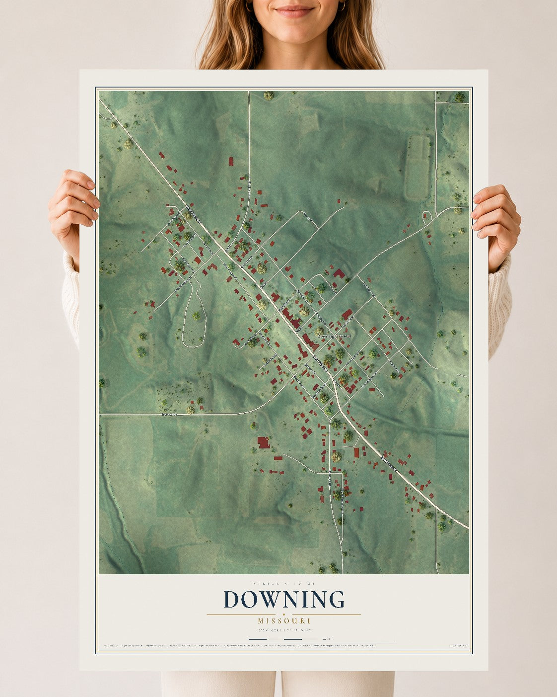 Map of Downing, Missouri, 24 x 36 inch unframed archival matte print
