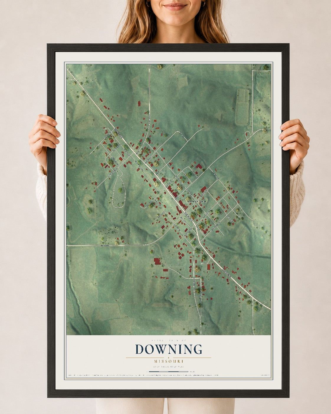 Map of Downing, Missouri, 24 x 36 inch print in a black wood frame
