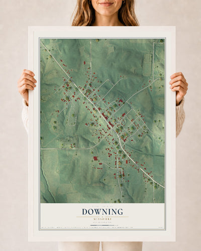 Map of Downing, Missouri, 24 x 36 inch print in a white wood frame