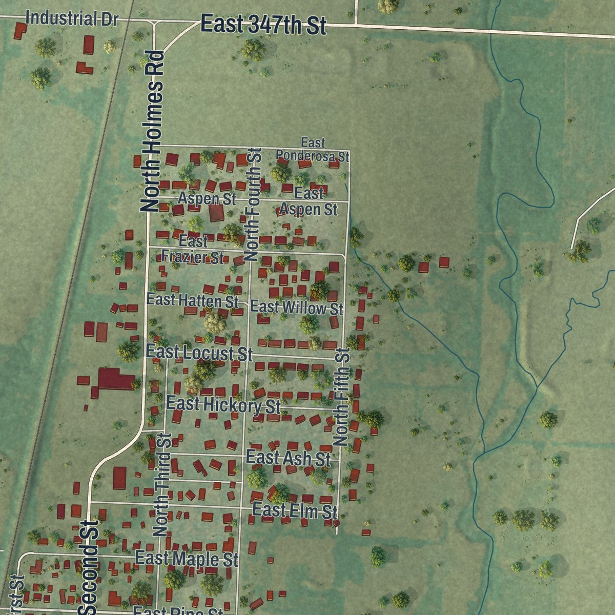 Close-up of the map of Drexel, Missouri print showing street and building detail