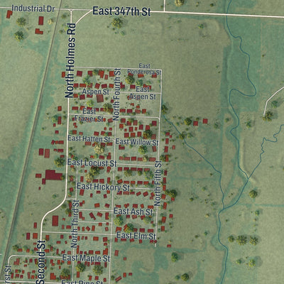 Close-up of the map of Drexel, Missouri print showing street and building detail