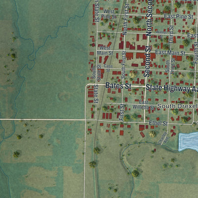 Second close-up of the map of Drexel, Missouri print showing more streets and buildings