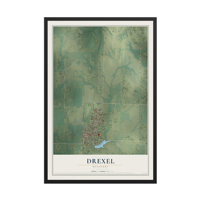 Map of Drexel, Missouri, 12 x 18 inch print in a black wood frame
