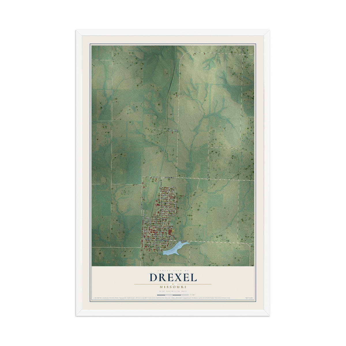 Map of Drexel, Missouri, 12 x 18 inch print in a white wood frame