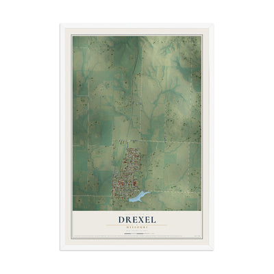 Map of Drexel, Missouri, 12 x 18 inch print in a white wood frame