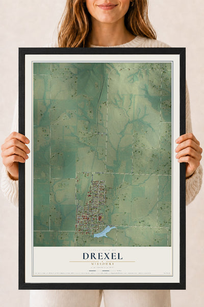 Map of Drexel, Missouri, 18 x 24 inch print in a black wood frame