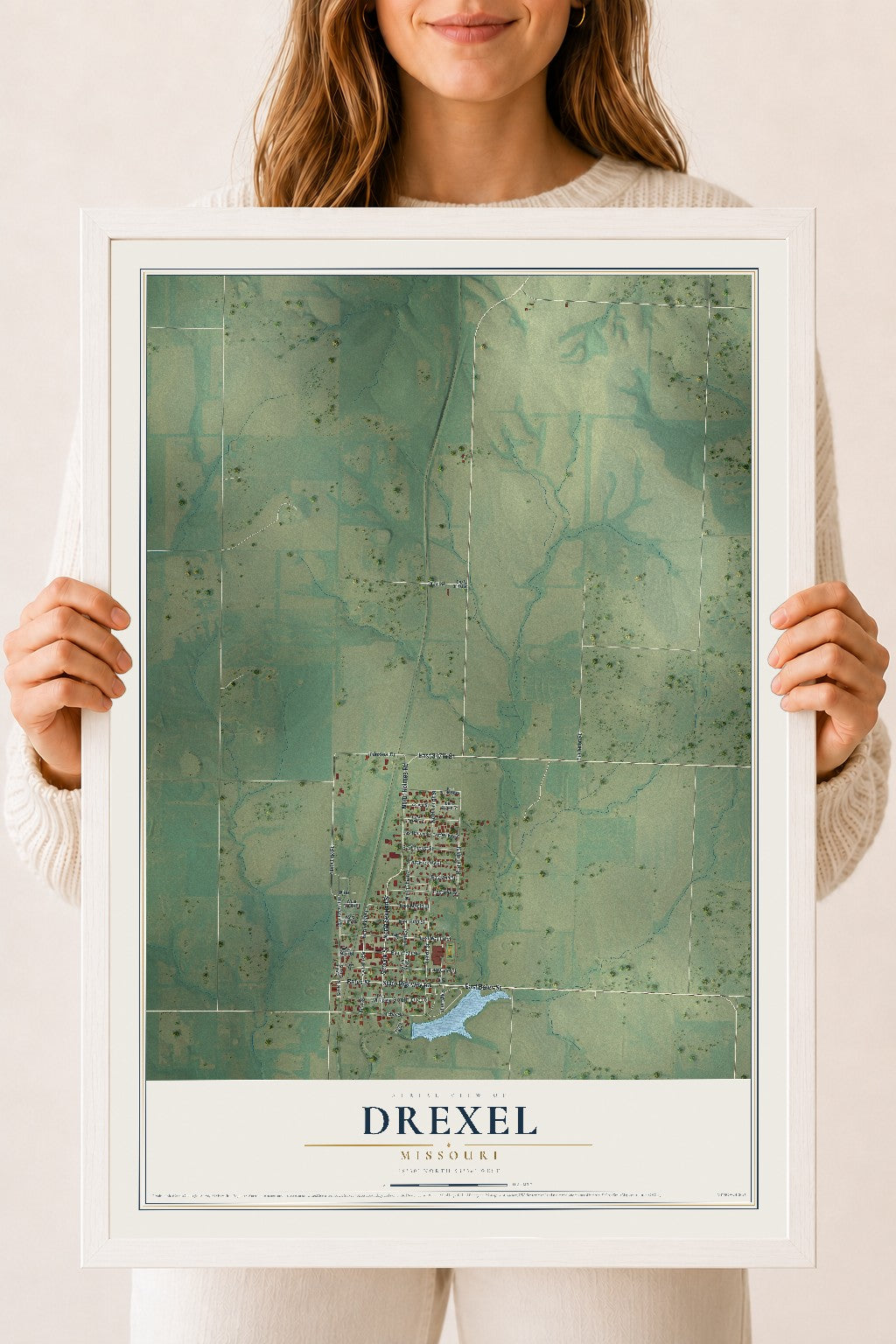 Map of Drexel, Missouri, 18 x 24 inch print in a white wood frame
