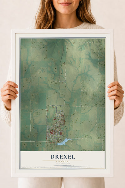 Map of Drexel, Missouri, 18 x 24 inch print in a white wood frame