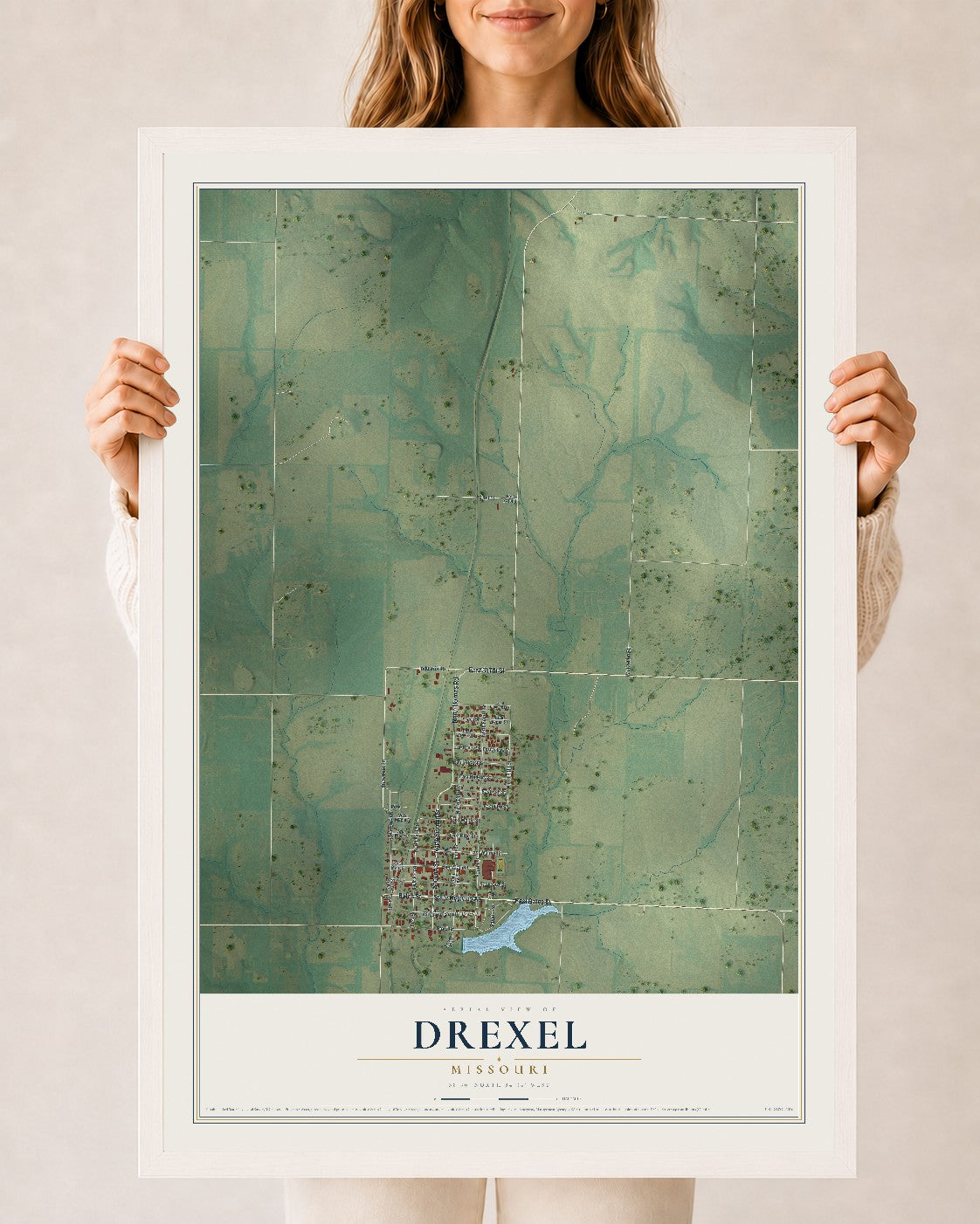 Map of Drexel, Missouri, 24 x 36 inch print in a white wood frame