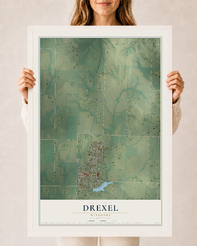 Map of Drexel, Missouri, 24 x 36 inch print in a white wood frame