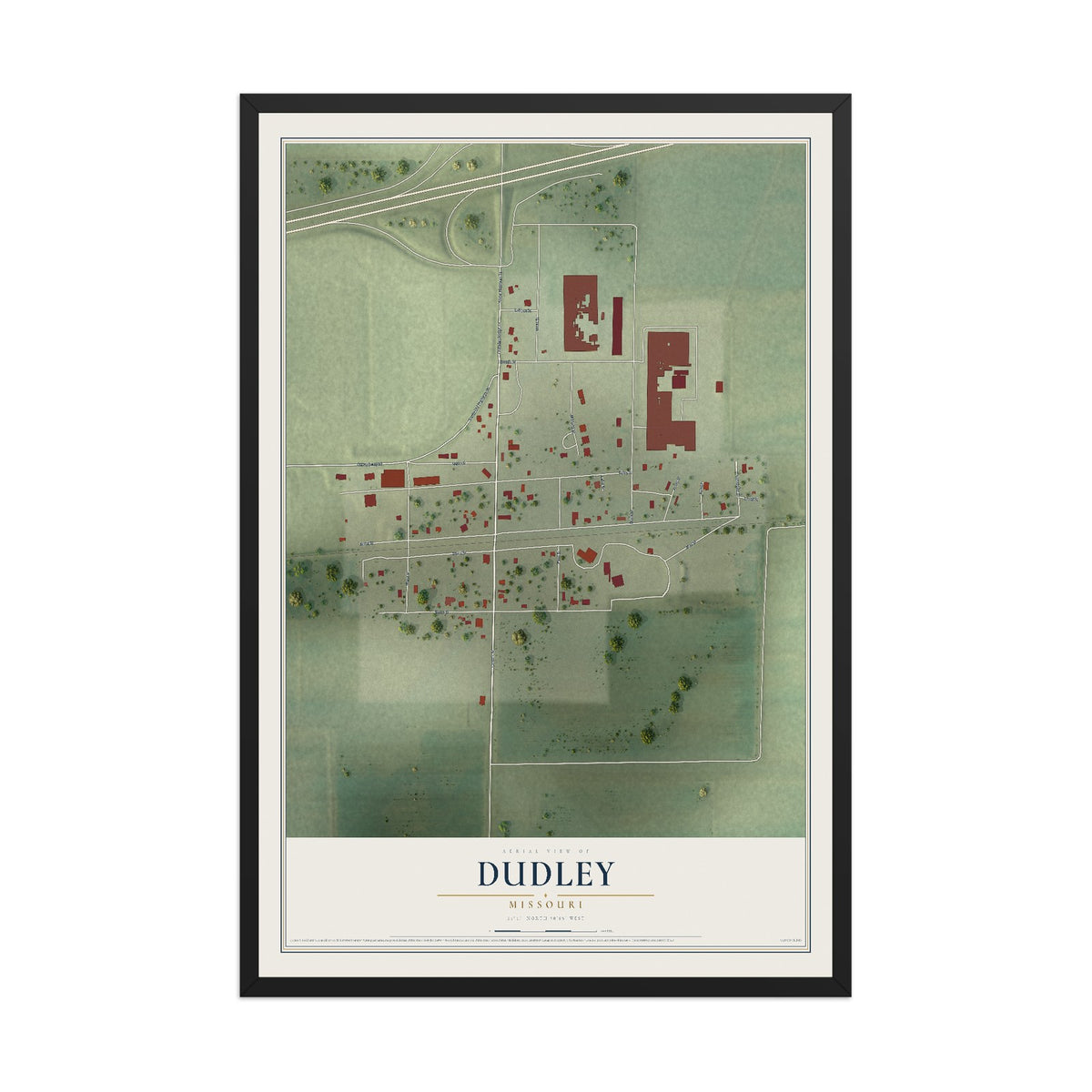 Map of Dudley, Missouri, 12 x 18 inch print in a black wood frame