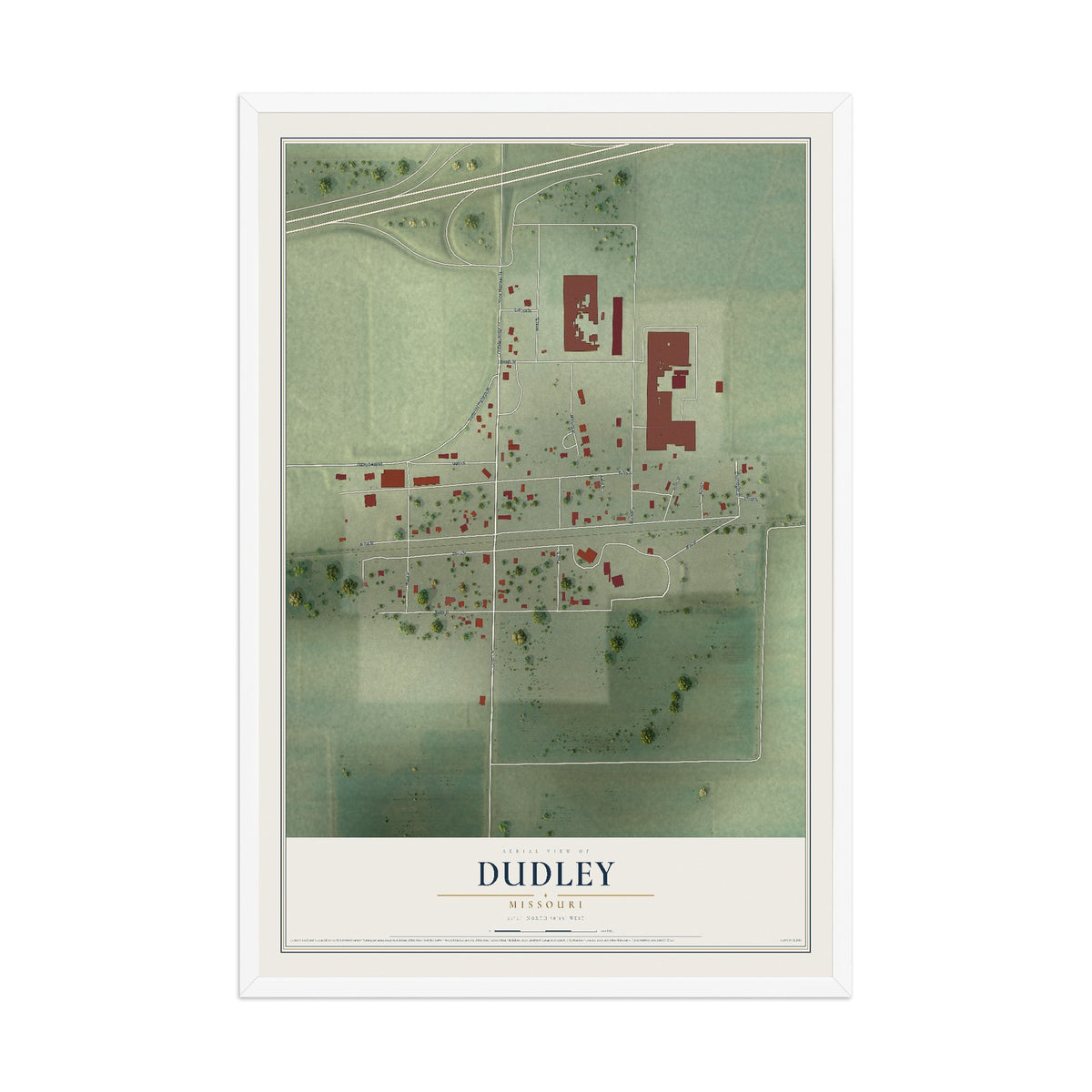 Map of Dudley, Missouri, 12 x 18 inch print in a white wood frame