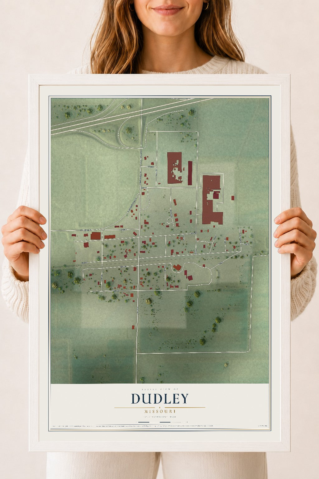 Map of Dudley, Missouri, 18 x 24 inch print in a white wood frame
