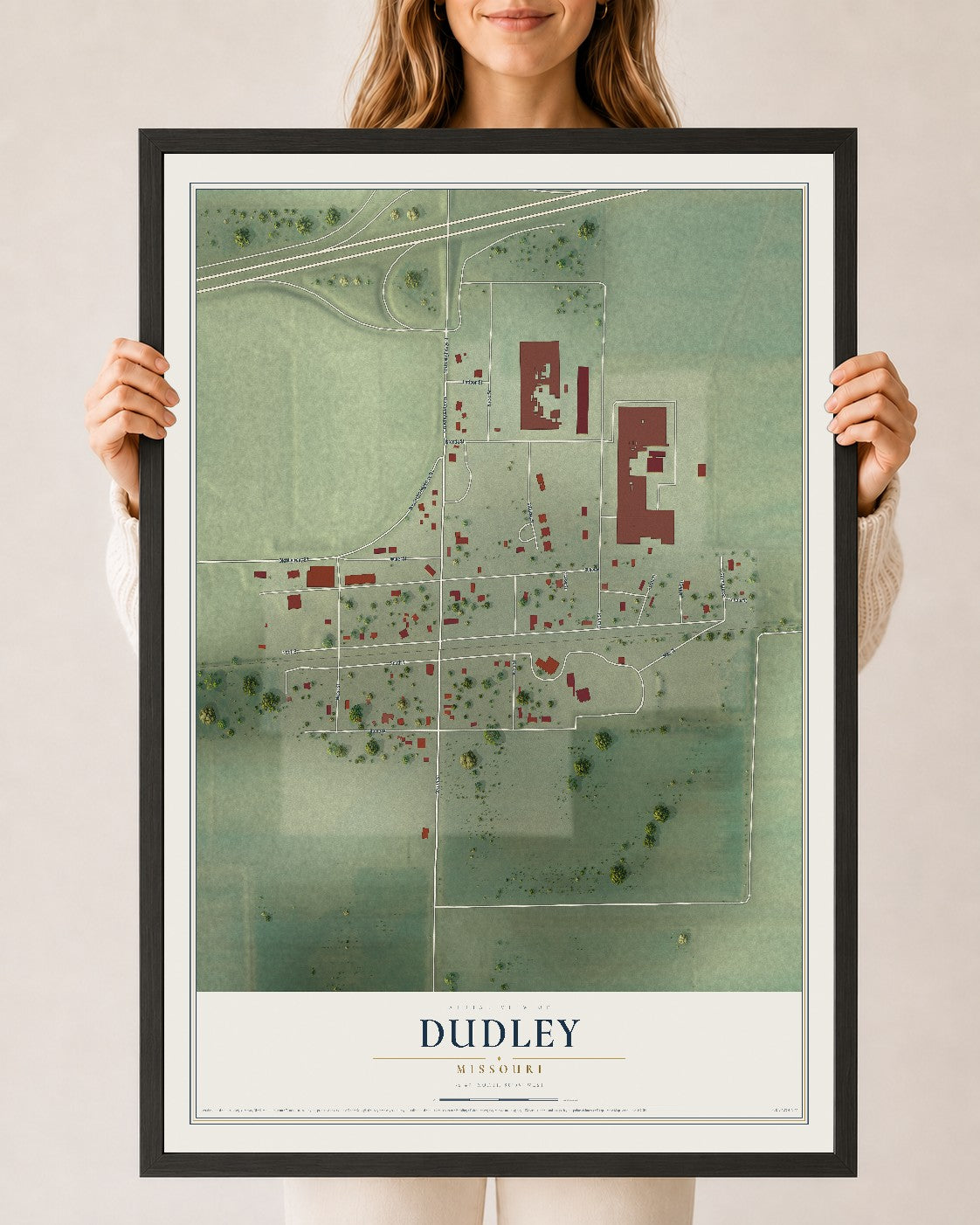 Map of Dudley, Missouri, 24 x 36 inch print in a black wood frame