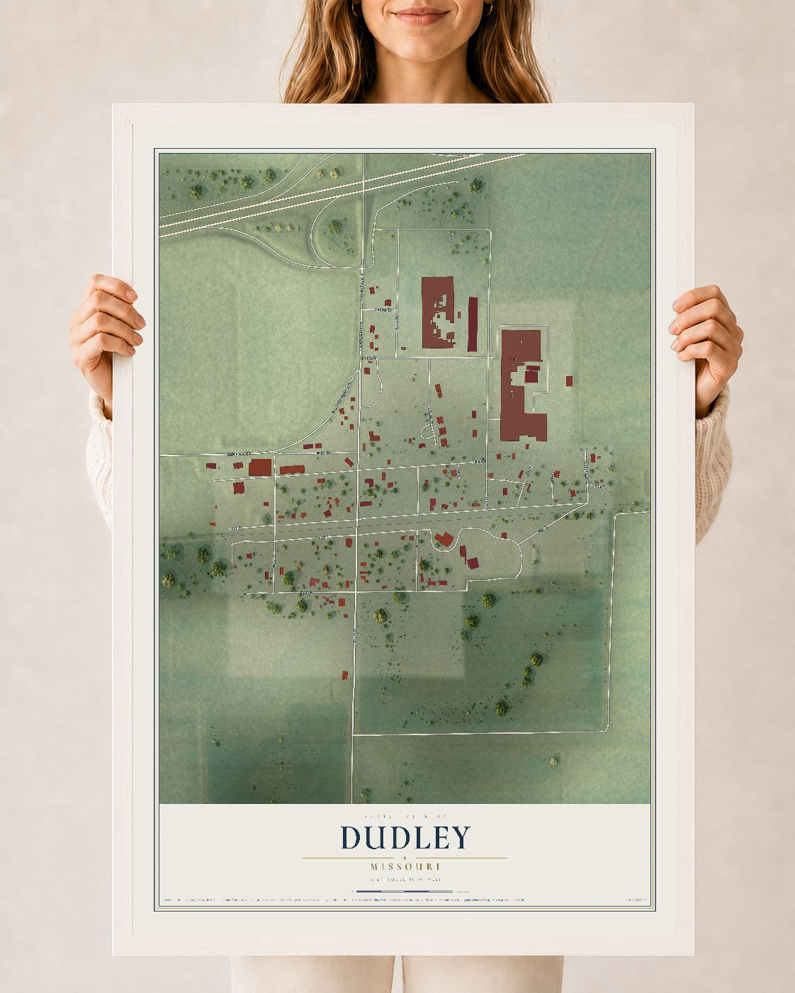 Map of Dudley, Missouri, 24 x 36 inch print in a white wood frame