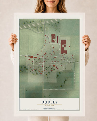 Map of Dudley, Missouri, 24 x 36 inch print in a white wood frame