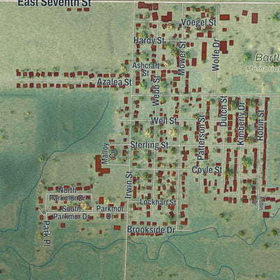 Close-up of the map of Duenweg, Missouri print showing street and building detail