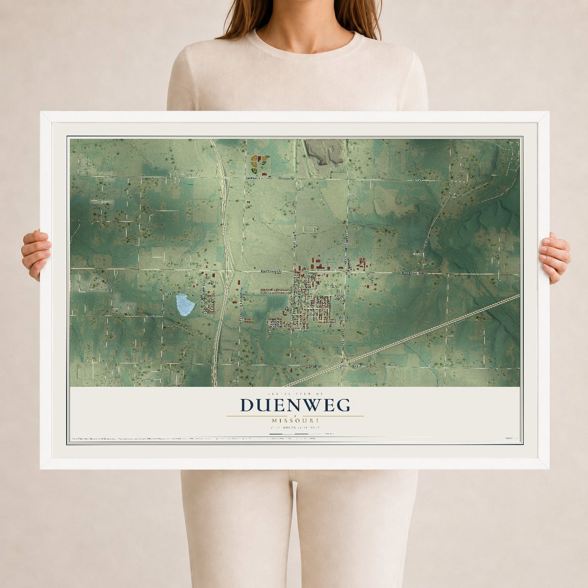 Map of Duenweg, Missouri, 24 x 36 inch print in a white wood frame