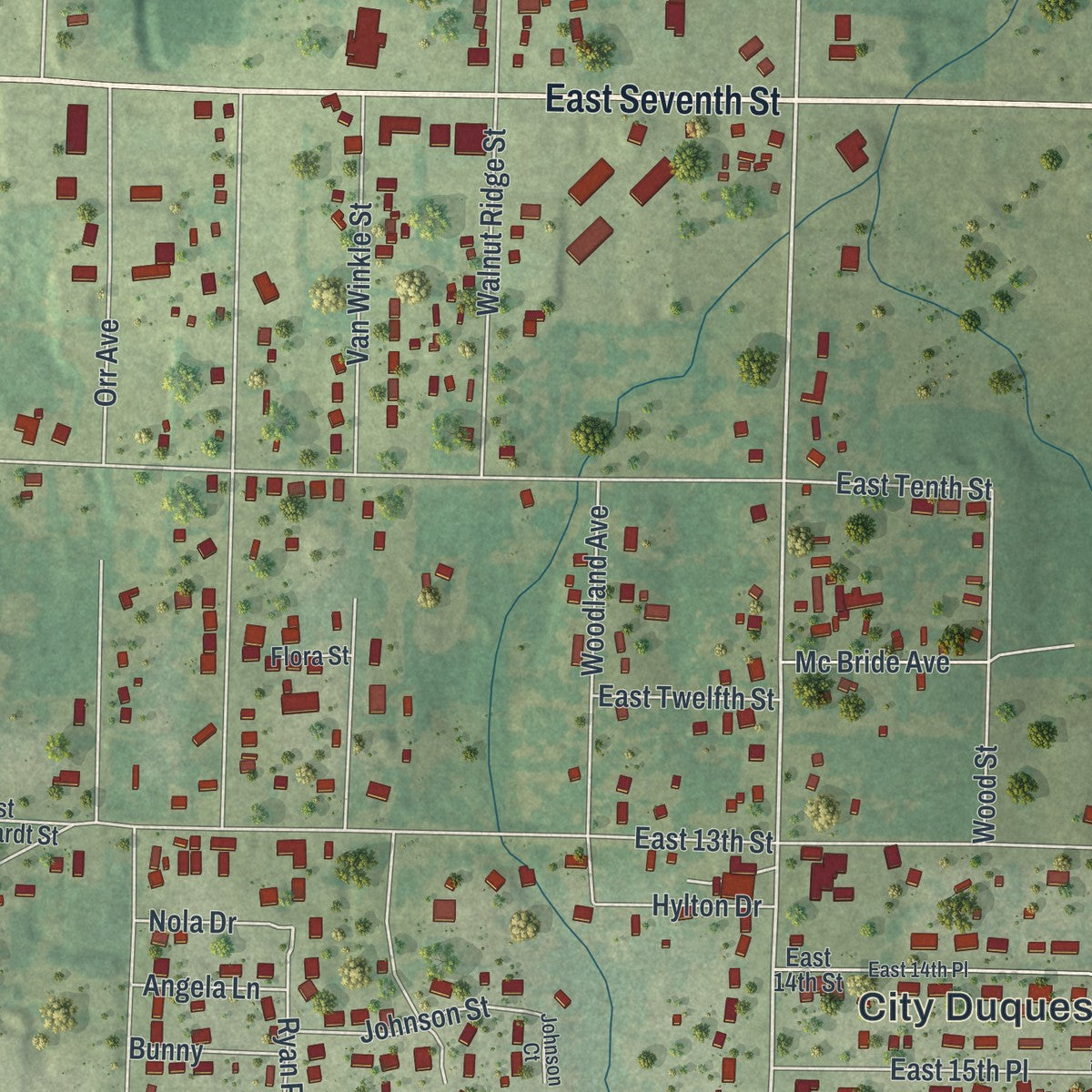 Close-up of the map of Duquesne, Missouri print showing street and building detail
