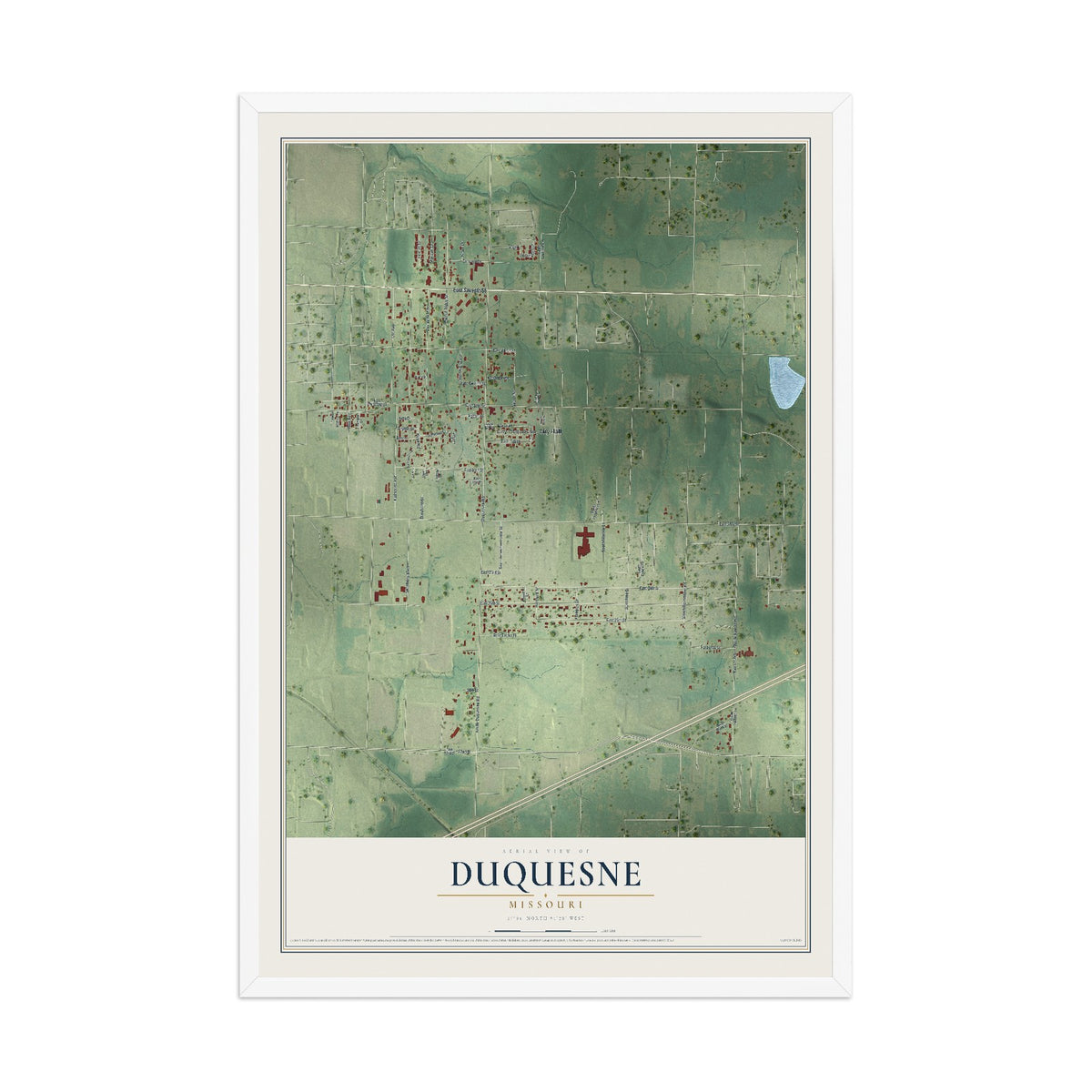 Map of Duquesne, Missouri, 12 x 18 inch print in a white wood frame
