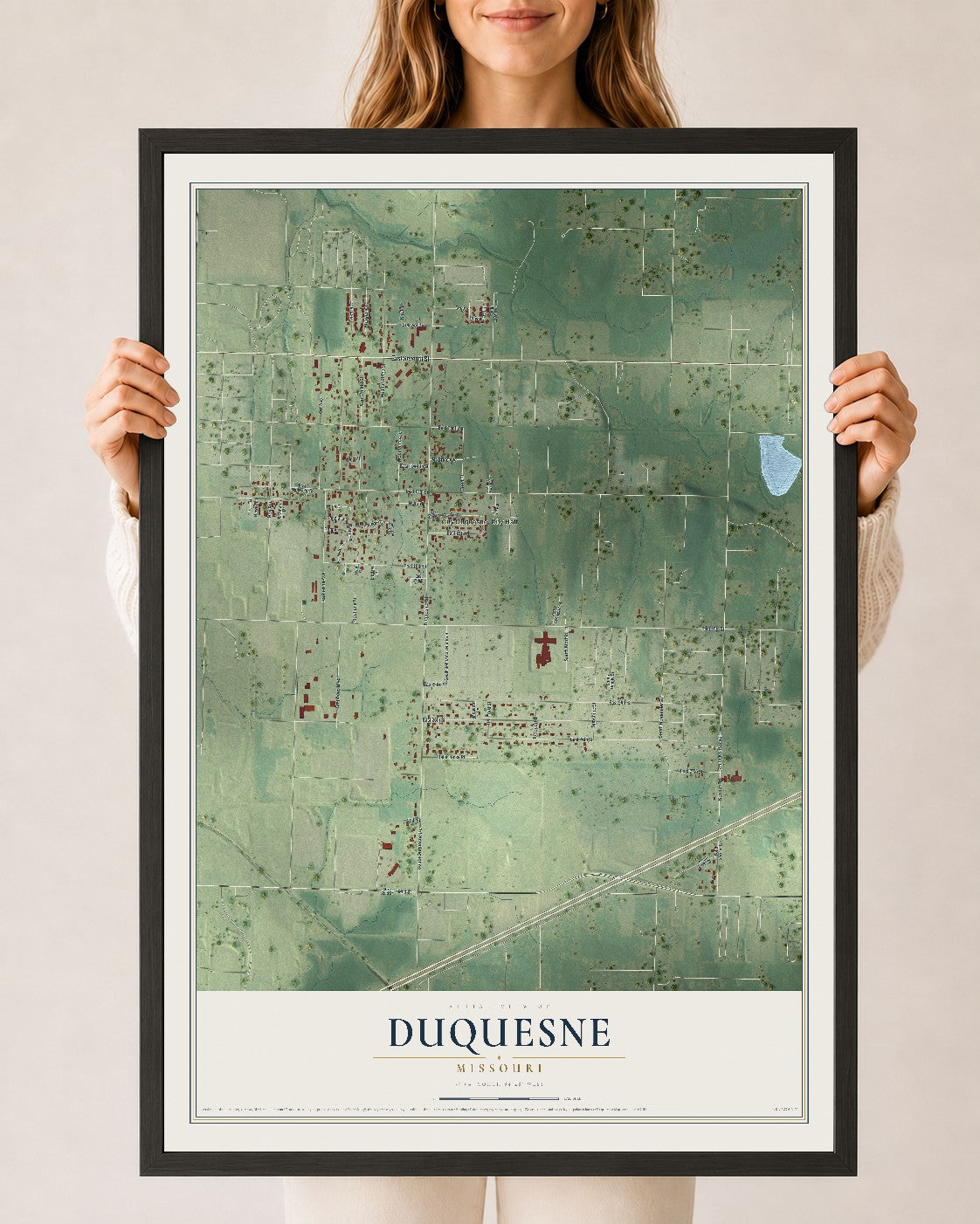Map of Duquesne, Missouri, 24 x 36 inch print in a black wood frame