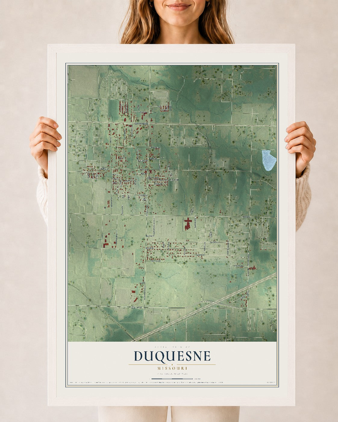 Map of Duquesne, Missouri, 24 x 36 inch print in a white wood frame