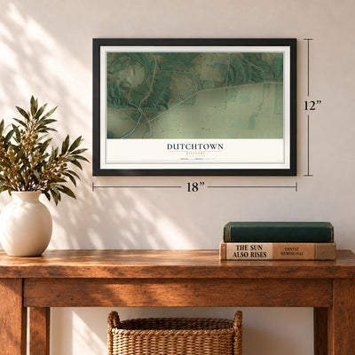 Dutchtown, Missouri map, 12 x 18 inch print in a black frame in an entryway