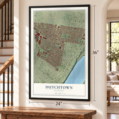 Dutchtown, St. Louis, Missouri map, 24 x 36 inch print in a black frame by a staircase
