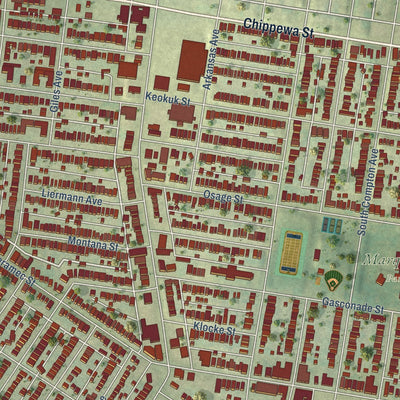 Close-up of the map of Dutchtown, St. Louis, Missouri print showing street and building detail