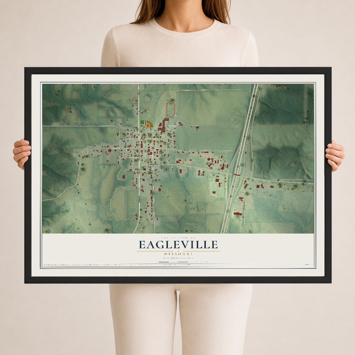 Map of Eagleville, Missouri, 24 x 36 inch print in a black wood frame