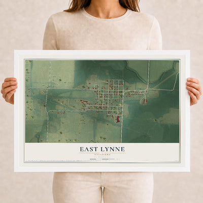 Map of East Lynne, Missouri, 12 x 18 inch print in a white wood frame