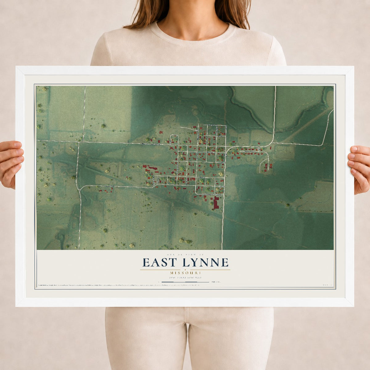 Map of East Lynne, Missouri, 18 x 24 inch print in a white wood frame