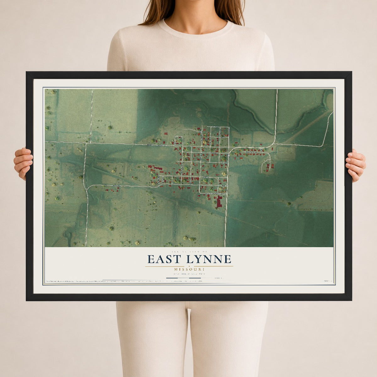 Map of East Lynne, Missouri, 24 x 36 inch print in a black wood frame