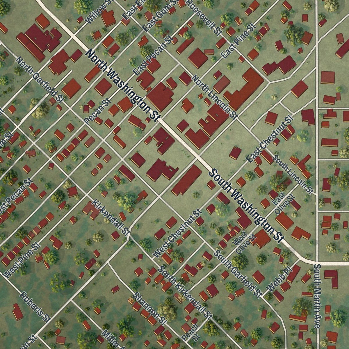 Close-up of the map of East Prairie, Missouri print showing street and building detail