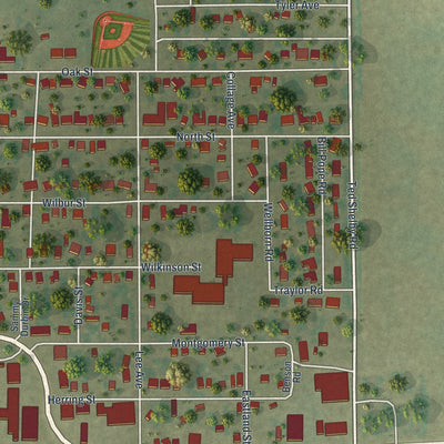 Second close-up of the map of East Prairie, Missouri print showing more streets and buildings