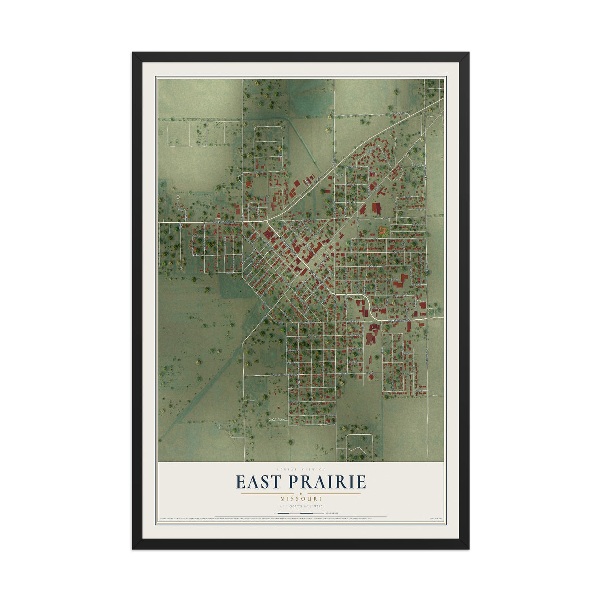 Map of East Prairie, Missouri, 12 x 18 inch print in a black wood frame