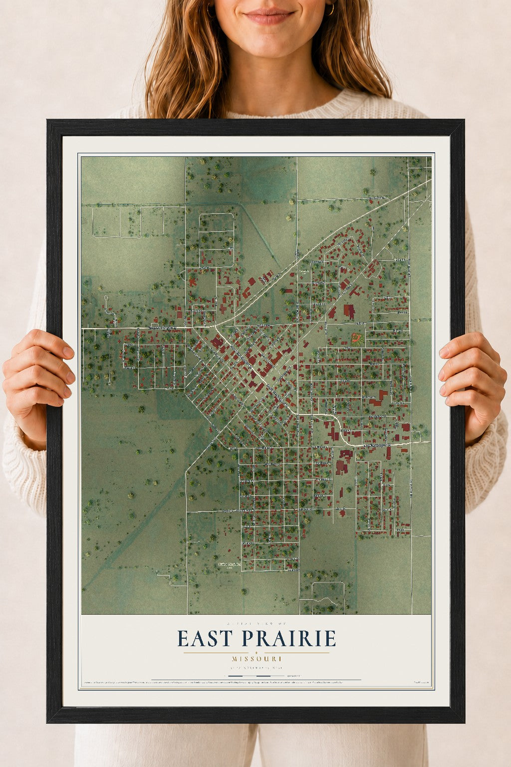 Map of East Prairie, Missouri, 18 x 24 inch print in a black wood frame