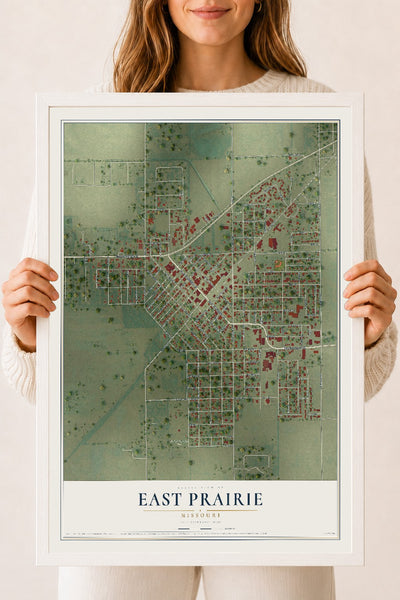 Map of East Prairie, Missouri, 18 x 24 inch print in a white wood frame