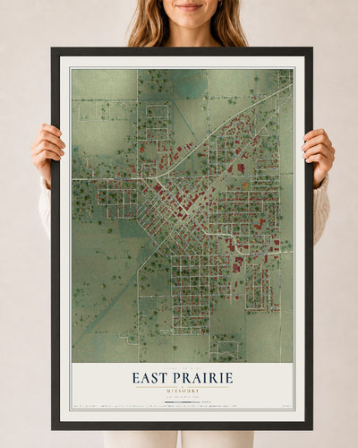 Map of East Prairie, Missouri, 24 x 36 inch print in a black wood frame
