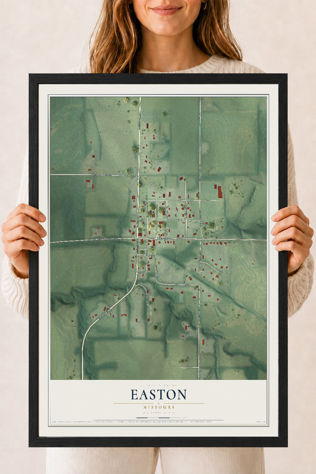 Map of Easton, Missouri, 18 x 24 inch print in a black wood frame