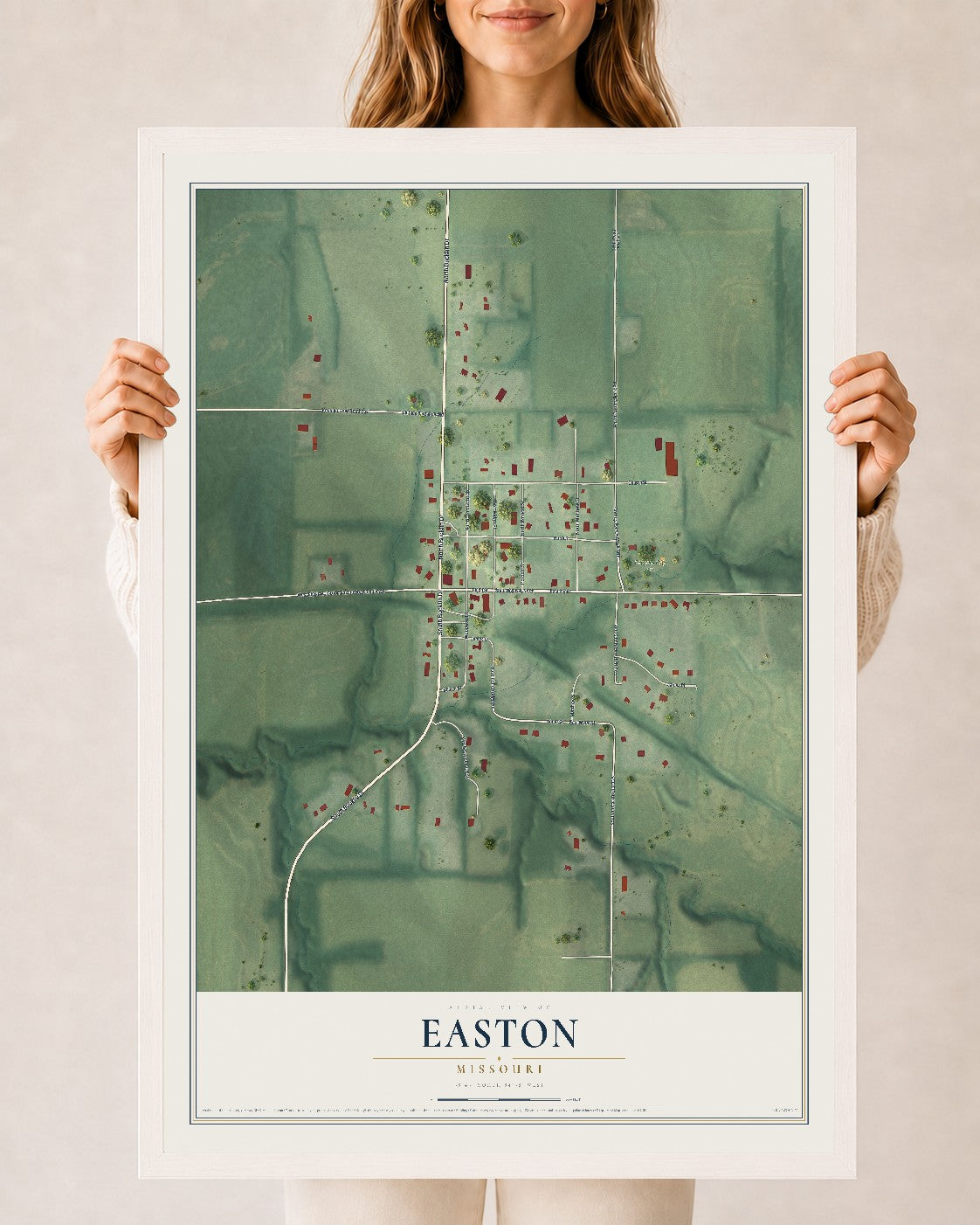 Map of Easton, Missouri, 24 x 36 inch print in a white wood frame