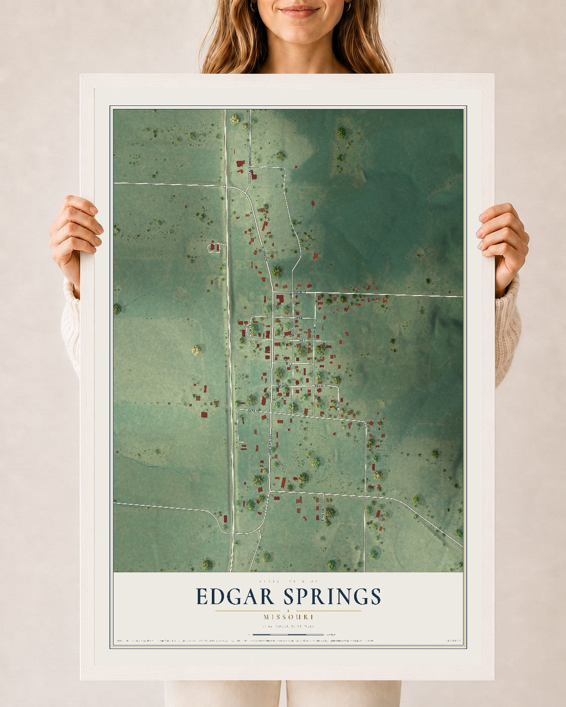 Map of Edgar Springs, Missouri, 24 x 36 inch print in a white wood frame