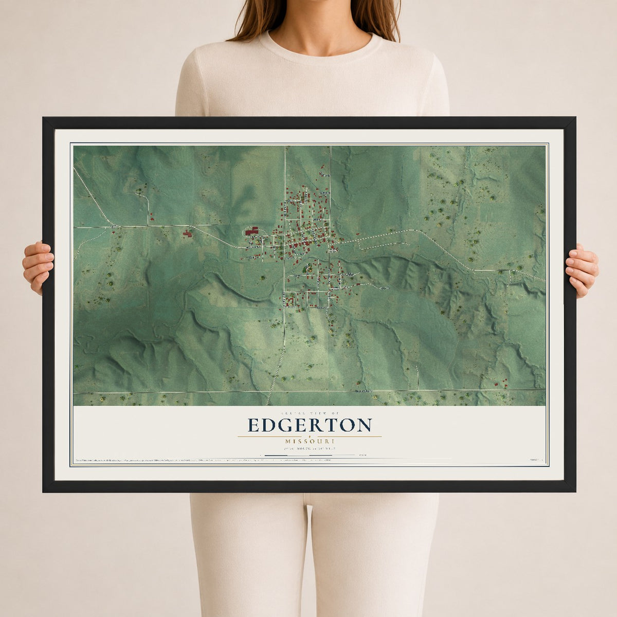 Map of Edgerton, Missouri, 24 x 36 inch print in a black wood frame